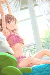  1girl breasts brown_eyes brown_hair collarbone commentary curtains from_side gekota haimura_kiyotaka highres looking_at_viewer misaka_mikoto navel on_bed one_eye_closed short_hair sleepwear small_breasts solo stretching stuffed_animal stuffed_frog stuffed_toy symbol-only_commentary toaru_kagaku_no_railgun toaru_majutsu_no_index window 