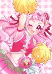  1girl ;d back_bow blush bow clover_earrings cone_hair_bun cure_yell hair_bun hair_ornament hair_ribbon heart heart_hair_ornament heart_pouch highres hugtto!_precure midriff navel nono_hana one_eye_closed pink_bow pink_eyes pink_hair pink_skirt pom_pom_(cheerleading) precure red_ribbon ribbon short_bangs skirt smile solo thick_eyebrows thick_eyelashes umiyuki_(umi_chu) 