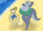  &lt;3 2021 anthro beach bemea_apsley big_breasts blue_eyes blush breasts brown_body brown_fur brown_hair clothing digital_drawing_(artwork) digital_media_(artwork) duo eyes_closed eyewear female female/female fur glasses grey_body grey_fur grey_hair hair hat headgear headwear hi_res huge_breasts hyper hyper_breasts index_to_index mammal mustelid nipple_outline one-piece_swimsuit open_mouth otter penny_(sudsypup) river_otter seaside size_difference sudsypup sun_hat swimwear tail thick_tail thick_thighs walking water wide_hips 