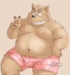  2023 anthro belly big_belly black_nose brown_body bulge canid canine canis clothing domestic_dog humanoid_hands kemono male mammal moobs navel nipples overweight overweight_male solo toshi_(artist) underwear 