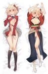  1girl ;d absurdres arms_up bed_sheet black_socks blonde_hair blue_ribbon blush breasts chukibabo2 closed_mouth collarbone dakimakura_(medium) dress from_above grey_dress hair_ribbon highres japanese_clothes kimono long_hair long_sleeves looking_at_viewer lycoris_recoil lycoris_uniform lying medium_breasts neck_ribbon nipples nishikigi_chisato on_back one_eye_closed open_clothes open_dress open_kimono pleated_dress pussy red_eyes red_kimono red_ribbon ribbon short_dress side_slit smile socks solo thigh_gap two-tone_dress white_socks wide_sleeves wing_collar 