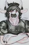  absurd_res anthro black_hair bovid bovine cattle clothing crossed_arms hair hi_res horn male mammal muscular muscular_male orange_eyes solo white_body zortrex 