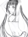  1girl arms_up bikini bikini_skirt flat_chest greyscale highres hololive hololive_english long_hair looking_at_viewer monochrome nanashi_(nlo) navel ninomae_ina&#039;nis parted_lips simple_background solo swimsuit twintails upper_body very_long_hair virtual_youtuber white_background 