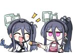  &lt;key&gt;_(blue_archive) 2girls aris_(blue_archive) black_hair black_hairband blue_archive chibi chopsticks dual_persona food hair_between_eyes hairband halo hanbok highres holding holding_spatula korean_clothes multiple_girls one_side_up open_mouth ponytail smile spatula yanggaengwang 