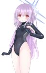  1girl atsuko_(blue_archive) black_gloves black_leotard blue_archive blush breasts commentary_request covered_navel gloves halo highres langley1000 leotard long_hair looking_at_viewer open_mouth purple_hair red_eyes small_breasts smile solo 