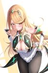  1girl bangs bare_shoulders blonde_hair blush breasts chest_jewel cleavage clothes_pull dress dressing elbow_gloves gloves highres large_breasts long_hair mythra_(xenoblade) okazu2010015 pantyhose pantyhose_pull solo swept_bangs tiara very_long_hair xenoblade_chronicles_(series) xenoblade_chronicles_2 yellow_eyes 