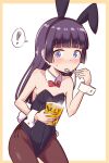  ! 1girl animal_ears bangs black_hair black_leotard blunt_bangs bow bowtie breasts brown_pantyhose commentary_request cowboy_shot detached_collar eating gokou_ruri highres leaning_forward leotard long_hair looking_at_viewer mole mole_under_eye ore_no_imouto_ga_konna_ni_kawaii_wake_ga_nai pantyhose playboy_bunny purple_eyes rabbit_ears rabbit_tail red_bow red_bowtie small_breasts solo spoken_exclamation_mark spoon tail takatsuki_akira white_background wrist_cuffs 