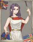  1girl absurdres bare_arms cloak code_geass collarbone cornelia_li_britannia gold_belt highres holding holding_shield holding_trident holy_britannian_flag long_hair purple_eyes purple_hair purple_lips pzkpfwi red_cloak shield solo toga 