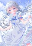  1girl artist_name bangs blue_eyes blue_sky blush bubble clothes_lift cloud collarbone dress dress_lift grey_hair highres lifted_by_self long_hair looking_at_viewer original outdoors puu_(kari---ume) short_sleeves sky solo twintails water white_dress 