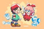  2girls adeleine bandana_waddle_dee black_hair blue_eyes chicken_leg christmas_ornaments closed_eyes dress drumsticks fairy fairy_wings fake_facial_hair fake_mustache green_shirt heart highres king_dedede kirby kirby_(series) kirby_64 looking_at_another meta_knight multiple_girls pink_hair rariatto_(ganguri) red_dress red_headwear red_ribbon ribbon ribbon_(kirby) shirt shouting smile star_(symbol) waddle_dee wings 