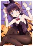  1girl animal_ears black_hair black_leotard black_pantyhose bow bowtie breasts cat_ears cat_tail commentary_request crescent_moon feet_out_of_frame gokou_ruri halloween highres jack-o&#039;-lantern kittysuit leotard long_hair looking_at_viewer mole mole_under_eye moon nontraditional_playboy_bunny ore_no_imouto_ga_konna_ni_kawaii_wake_ga_nai pantyhose purple_eyes red_bow red_bowtie sitting small_breasts solo strapless strapless_leotard tail takatsuki_akira window 