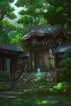  architecture building bush cyclecircle dappled_sunlight east_asian_architecture forest ghost grass highres lantern moss nature no_humans original outdoors paper_lantern rope scenery shade shide shimenawa shrine sitting sitting_on_stairs stairs sunlight tree 
