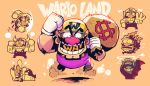  1boy bat_wings brown_hair cleft_chin facial_hair fake_horns fangs flexing gloves helmet highres holding holding_sack horned_helmet horns looking_at_viewer moneybag mustache overalls pointy_ears purple_overalls rariatto_(ganguri) running sack sleeping vampire wario wario_land white_gloves wings yellow_headwear 