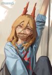  1girl absurdres arm_up artist_name atoroux blonde_hair blue_sweater chainsaw_man cross-shaped_pupils food food_in_mouth hair_between_eyes highres horns long_hair looking_at_viewer pizza power_(chainsaw_man) red_horns solo sweater symbol-shaped_pupils twitter_logo yellow_eyes 