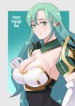  1girl aqua_hair armor bangs breasts chloe_(fire_emblem) cleavage commentary elbow_gloves fire_emblem fire_emblem_engage gloves green_eyes hair_between_eyes highres ihsnet large_breasts long_hair looking_at_viewer pauldrons shoulder_armor smile solo upper_body very_long_hair white_gloves 
