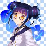  absurdres blue_hair blue_neckerchief blush checkered_background close-up double_bun dress floral_background glasses hair_bun highres horinuki_masamune looking_at_viewer neckerchief onasu_(sawagani) petite sidelocks teeth tenka_hyakken white_dress yellow_eyes 