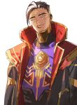  1boy animification apex_legends black_hair black_jacket crypto_(apex_legends) crypto_(cryptic_conjurer)_(apex_legends) head_tilt highres jacket light_frown looking_to_the_side male_focus official_alternate_costume orange_eyes purple_shirt shirt simple_background sketch solo thundergotch white_background 