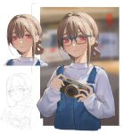  1girl bangs blue_overalls blush brown_hair commentary english_commentary glasses grey_sweater hair_behind_ear hair_between_eyes hair_rings highres original overalls photo-referenced pink_eyes portrait sketch smile solo_focus sweater tom23579 upper_body variations 