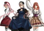  3girls black_flower black_rose blonde_hair blue_dress blue_hairband blush bow breasts brown_eyes brown_hair brown_skirt celica_(fire_emblem) corrin_(female)_(fire_emblem) corrin_(fire_emblem) cowboy_shot curly_hair curtsey drawing_sword dress earrings elbow_gloves fire_emblem fire_emblem:_three_houses fire_emblem_echoes:_shadows_of_valentia fire_emblem_fates flower gloves hair_between_eyes hair_bow hair_flower hair_ornament hairband hat hilda_valentine_goneril holding holding_sheath holding_sword holding_weapon jewelry long_hair long_sleeves maze_draws medium_breasts multiple_girls parted_lips pink_hair pinstripe_pattern pleated_skirt puffy_long_sleeves puffy_sleeves red_headwear red_skirt ringlets rose sheath shirt short_sleeves skirt smile striped suspender_skirt suspenders sword thighhighs twintails twitter_username underbust weapon white_background white_shirt white_thighhighs 