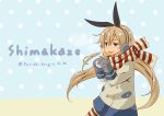  1girl absurdres adapted_costume black_hairband blonde_hair character_name coat earmuffs grey_coat grey_eyes grey_mittens hairband highres kantai_collection long_hair mittens pot-de scarf shimakaze_(kancolle) snowball solo striped striped_scarf striped_thighhighs thighhighs winter_gloves 