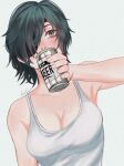  1girl artist_name beer_can black_hair blush breasts can chainsaw_man cleavage drinking eyepatch green_eyes highres himeno_(chainsaw_man) holding holding_can looking_to_the_side medium_breasts short_hair signature simple_background solo taestymaee tank_top white_background white_tank_top 