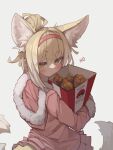  1girl absurdres alternate_costume alternate_hairstyle animal_ears arknights bangs blonde_hair blush brand_name_imitation closed_mouth commentary english_commentary english_text exusiai_(arknights) food fox_ears fox_girl fox_tail from_behind fur-trimmed_sleeves fur_trim green_eyes hairband highres holding hood hood_down long_hair long_sleeves looking_at_viewer looking_back multicolored_hair ponytail red_hairband solo suzuran_(arknights) tail togekk0 two-tone_hair upper_body white_hair 