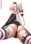  1girl amatsukaze_(kancolle) ass black_panties blush brown_dress brown_eyes dress ebifurya from_behind garter_straps gloves grey_hair grey_neckerchief hair_between_eyes hair_tubes hat highres kantai_collection long_hair long_sleeves looking_at_viewer looking_back lying mini_hat neckerchief on_stomach one-hour_drawing_challenge panties partially_visible_vulva red_thighhighs sailor_collar sailor_dress short_dress simple_background single_glove smokestack_hair_ornament solo striped striped_thighhighs thighhighs thong twintails twitter_username two_side_up underwear white_background white_hair white_sailor_collar 