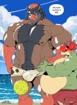  2023 3:4 anthro appletun ball beach beard belly belly_overhang big_belly big_bulge blush body_hair bottomwear brown_body bulge chest_hair clothed clothing colored comic deadanthro detailed_background digital_media_(artwork) dragon dropping_object duo elemental_creature equid exposed_belly facial_hair flirting floppy_ears flora_fauna generation_7_pokemon generation_8_pokemon green_body happy_trail hat headgear headwear hi_res inviting larger_male looking_at_another macoun_(deadanthro) male male/male mammal mudsdale musclegut muscular muscular_male nintendo nipples obscured_eyes outside overweight overweight_male partially_clothed pecs plant pokemon pokemon_(species) pubes scalie seaside shaded size_difference smaller_male swimming_trunks swimwear text thick_thighs tight_bottomwear tight_clothing topless tucker_(deadanthro) water 