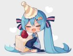  &gt;_&lt; 1girl :d aqua_hair aqua_necktie black_footwear black_skirt blush boots cake cake_slice chibi closed_eyes eating fang food food_on_face fruit full_body grey_shirt hair_ornament hair_ribbon hairclip hat hatsune_miku heart holding holding_cake holding_food long_hair miniskirt necktie noamem open_mouth party_hat pleated_skirt ribbon shirt sitting skin_fang skirt sleeveless sleeveless_shirt sleeves_past_fingers sleeves_past_wrists smile solo strawberry strawberry_shortcake thigh_boots twintails very_long_hair vocaloid wariza xd 