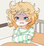  1girl bed blonde_hair breath cold collarbone commentary_request gochuumon_wa_usagi_desu_ka? green_eyes green_shirt jacket kirima_syaro long_sleeves messy_hair mitya open_mouth pajamas pillow shirt sleeves_past_wrists solo striped striped_jacket tears trembling turn_pale under_covers wavy_mouth 