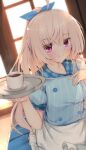  1girl absurdres ahoge akizuki_kanna apron backlighting bangs blue_bow blue_collar blue_skirt blush bow breasts cafe cafe_stella_to_shinigami_no_chou closed_mouth coffee coffee_cup collar commentary cup disposable_cup eyelashes frilled_apron frilled_skirt frills hair_between_eyes hair_bow hand_on_own_chest hand_up highres holding holding_tray indoors large_breasts light_blue_jacket long_hair looking_at_viewer nodoameyatou pinstripe_jacket pinstripe_pattern plaid_collar plate ponytail puffy_short_sleeves puffy_sleeves purple_eyes short_sleeves sidelocks skirt smile smug solo sparkle standing striped sunlight tray very_long_hair waitress white_apron white_hair window yuzu-soft 