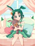  0_yoru_6 1girl 2023 akimoto_komachi animal_ears bare_shoulders collarbone couch cushion day dress framed green_dress green_hair happy_new_year indoors looking_at_viewer off_shoulder precure rabbit_ears short_hair sitting stuffed_animal stuffed_bunny stuffed_toy window yes!_precure_5 yes!_precure_5_gogo! 