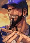  1boy baseball_cap beard black_hair blue_headwear brown_eyes earrings facial_hair hat hungry_clicker jewelry male_focus outdoors rashid_(street_fighter) ring solo solo_focus street_fighter street_fighter_v teeth upper_body 