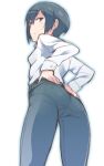  1girl ass black_hair black_pants blue_eyes blush breasts closed_mouth crotch em_(totsuzen_no_hakike) from_below kino_(kino_no_tabi) kino_no_tabi looking_at_viewer pants pantylines shirt short_hair simple_background small_breasts solo white_background white_shirt 