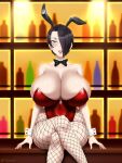  1girl animal_ears aqua_eyes blush bottle bow bowtie breasts cleavage collarbone covered_navel crossed_legs fake_animal_ears hair_over_one_eye highres huge_breasts leotard lipstick looking_at_viewer makeup original playboy_bunny rabbit_ears red_leotard red_lips saya_(twrlare) short_hair sitting solo straight-on thick_thighs thighs twrlare wrist_cuffs 