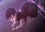  1girl all_fours animated animated_gif ass black_hair bouncing_ass bouncing_breasts breasts chainsaw_man character_name d-art huge_ass mitaka_asa neck_ribbon on_floor ponytail red_ribbon ribbon school_uniform serious solo 