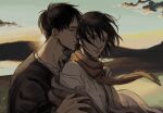  1boy 1girl black_hair brown_jacket closed_eyes couple eren_yeager hair_between_eyes hand_on_another&#039;s_shoulder hetero highres hug hug_from_behind jacket mikasa_ackerman outdoors pink_jacket red_scarf scar scar_on_cheek scar_on_face scarf shingeki_no_kyojin shirt short_hair sunset upper_body white_shirt wind wksi_13 