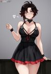  1girl absurdres alternate_breast_size alternate_costume artist_name bare_shoulders black_choker black_dress black_hair bluefield breasts choker cleavage dress frills grey_background grey_eyes hand_up heart highres large_breasts looking_at_viewer multicolored_hair red_hair ruby_rose rwby short_dress short_hair simple_background solo thighs two-tone_hair 