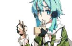  1girl bangs black_gloves blue_eyes blue_hair bowl chopsticks eating fingerless_gloves food gloves green_jacket hair_ornament hairclip holding holding_bowl holding_chopsticks jacket long_sleeves looking_at_viewer noodles scarf shikei short_hair sinon solo sword_art_online upper_body white_background white_scarf 