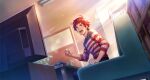  1boy ahoge bookshelf clenched_hands couch cup facial_hair fingernails goatee highres idolmaster idolmaster_side-m idolmaster_side-m_growing_stars indoors male_focus official_art open_mouth plant red_eyes red_hair shirt sitting table teeth television tendo_teru third-party_source upper_teeth_only 