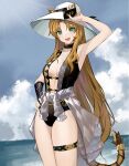  1girl :d absurdres animal_ears arknights arm_up bangs black_choker black_gloves black_one-piece_swimsuit blonde_hair blush breasts casual_one-piece_swimsuit center_opening choker cleavage clothes_around_waist cloud cowboy_shot day ears_through_headwear fang fingerless_gloves gloves green_eyes highres holding jewelry large_breasts long_hair looking_at_viewer necklace ocean official_alternate_costume one-piece_swimsuit open_mouth outdoors parted_bangs single_glove smile solo sunlight swimsuit swire_(arknights) tail thigh_strap tiger_ears tiger_girl tiger_tail very_long_hair zzq 