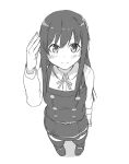  1girl absurdres asashio_(kancolle) commentary_request dress dress_shirt from_above full_body greyscale highres kantai_collection long_hair long_sleeves looking_at_viewer monochrome neck_ribbon perspective pinafore_dress ribbon rockborder salute shirt simple_background solo 