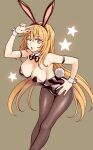  1girl animal_ears arm_strap arm_up bangs bare_shoulders black_bow black_bowtie black_leotard black_pantyhose blonde_hair bow bowtie breasts chinese_zodiac cleavage detached_collar fake_animal_ears fake_tail fishnet_pantyhose fishnets hair_between_eyes hand_on_hip highleg highleg_leotard highres large_breasts leaning_forward leotard long_hair looking_at_viewer nogi_yasuhito one_eye_closed open_mouth pantyhose playboy_bunny rabbit_ears rabbit_tail shokuhou_misaki simple_background solo star_(symbol) tail toaru_kagaku_no_mental_out toaru_kagaku_no_railgun toaru_majutsu_no_index v white_wrist_cuffs year_of_the_rabbit 