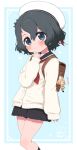  1girl alternate_costume bag_charm black_hair blue_eyes blue_skirt blue_socks blush brown_bag character_doll charm_(object) commentary_request cowboy_shot highres kaban_(kemono_friends) kemono_friends long_sleeves looking_at_viewer neckerchief pleated_skirt ransusan red_neckerchief sailor_collar school_uniform serval_(kemono_friends) serval_print short_hair skirt sleeves_past_wrists socks solo sweater translation_request white_sweater 