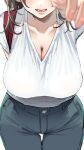  1girl absurdres arm_behind_back black_hair blurry breasts cleavage collarbone depth_of_field head_out_of_frame highres karasuma_yayoi large_breasts open_mouth original pants pov shirt shirt_tucked_in short_sleeves solo white_shirt 