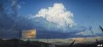  artist_logo billboard blue_sky cloud day highres lamppost mountain no_humans original outdoors scenery sky yucong_tang 