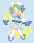  1girl :d alternate_costume animal_ears bell blue_background blue_bow blue_dress blue_eyes blue_footwear bow cat_ears dejiko detached_sleeves di_gi_charat dress frills full_body green_hair hair_bow hair_ornament jingle_bell looking_at_viewer open_mouth ribbon she_li_(lynxm) shoes short_hair smile solo 