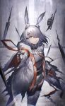  1girl absurdres animal_ear_fluff animal_ears arknights belt black_gloves black_thighhighs boots breasts brown_eyes closed_mouth coat dress expressionless feet_out_of_frame fingerless_gloves floating floating_object floating_weapon frostnova_(arknights) gloves grey_dress grey_hair hair_ornament hair_over_one_eye hairclip highres long_hair long_sleeves looking_at_viewer medium_breasts open_clothes open_coat rabbit_ears snowflakes solo star_(symbol) sword takeno_(hashi_falcon) thigh_boots thighhighs weapon white_coat white_footwear zettai_ryouiki 