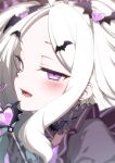  1girl ahoge bat_hair_ornament black_gloves blue_archive blush fang gloves hair_ornament heart highres hina_(blue_archive) hitotose_rin holding holding_wand long_hair looking_at_viewer open_mouth portrait purple_eyes slit_pupils solo wand white_hair 