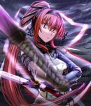  1girl 995080356 black_hairband bodysuit breasts commentary_request hair_ornament hairband holding holding_polearm holding_sword holding_weapon lightning long_hair mechanical_arms medium_breasts polearm ponytail punishing:_gray_raven red_eyes red_hair sidelocks storm sword vera_(punishing:_gray_raven) very_long_hair weapon 